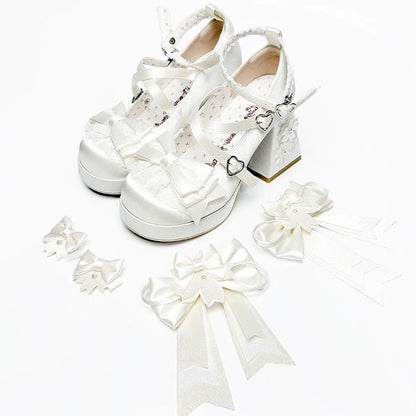 Block High with Sakura Details Bowknot White Platform Themed Satin Lolita - Heels
