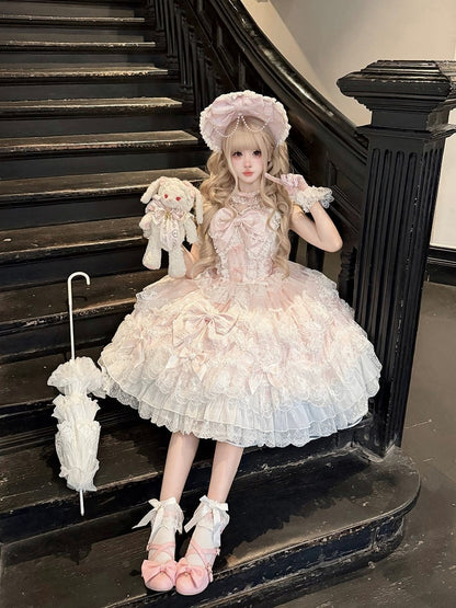 JSK Bow Full Multi-Layer Lolita Dress Back / Hanayome-Style With Trim Decor + Set Lace Pink