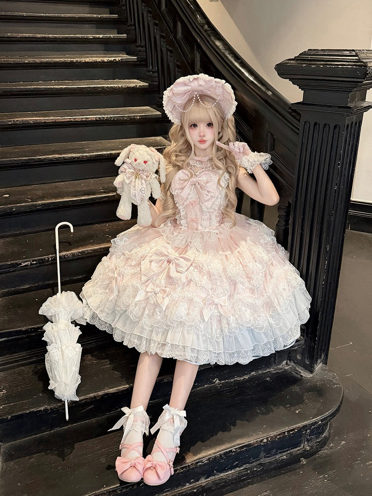 Hanayome-Style Pink Lolita JSK Gown with Multi-Layer Lace Trim and Bow Accent - White Sugar Girl