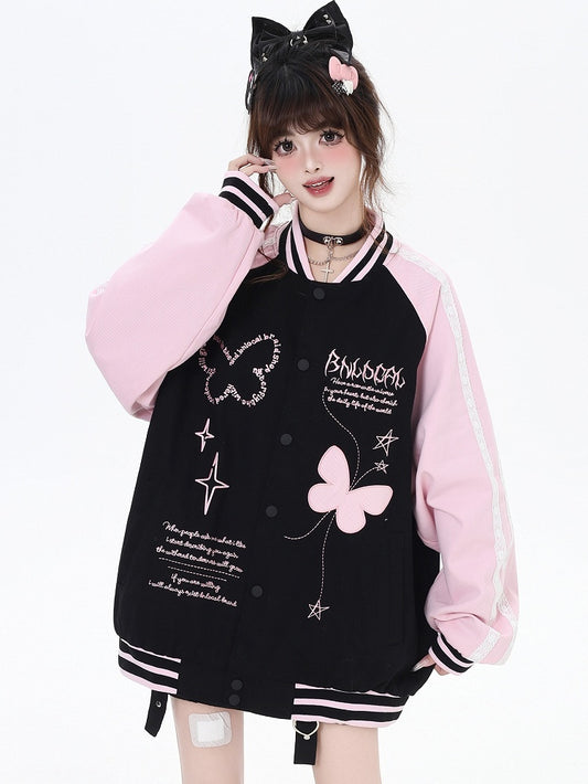 Baseballjacke mit Schmetterlings-Design in Schwarz und Pink mit Farbblockdesign