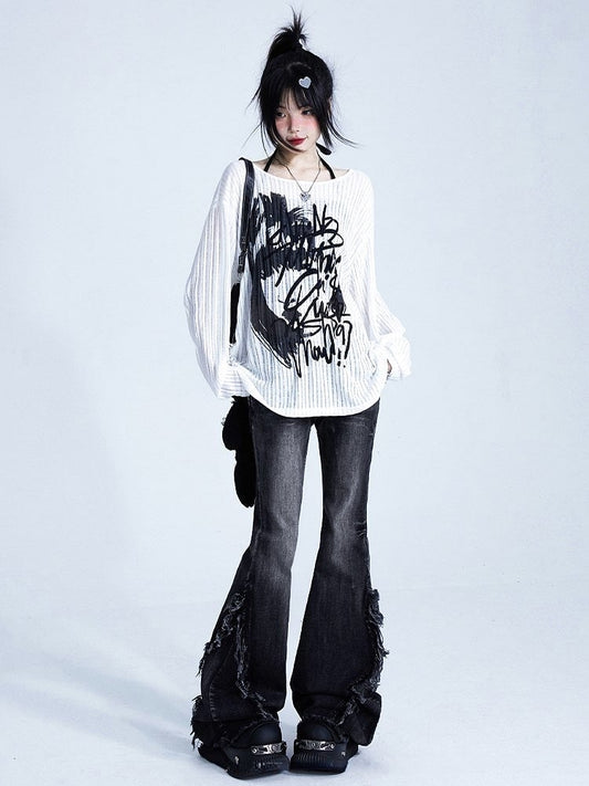 Seams Side with Wash Raw Hem Low-Waisted Black Flare Jeans Vintage