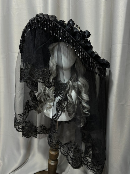 Black Gothic Lace Hat with Floral Tassel - Custom Made Earrings