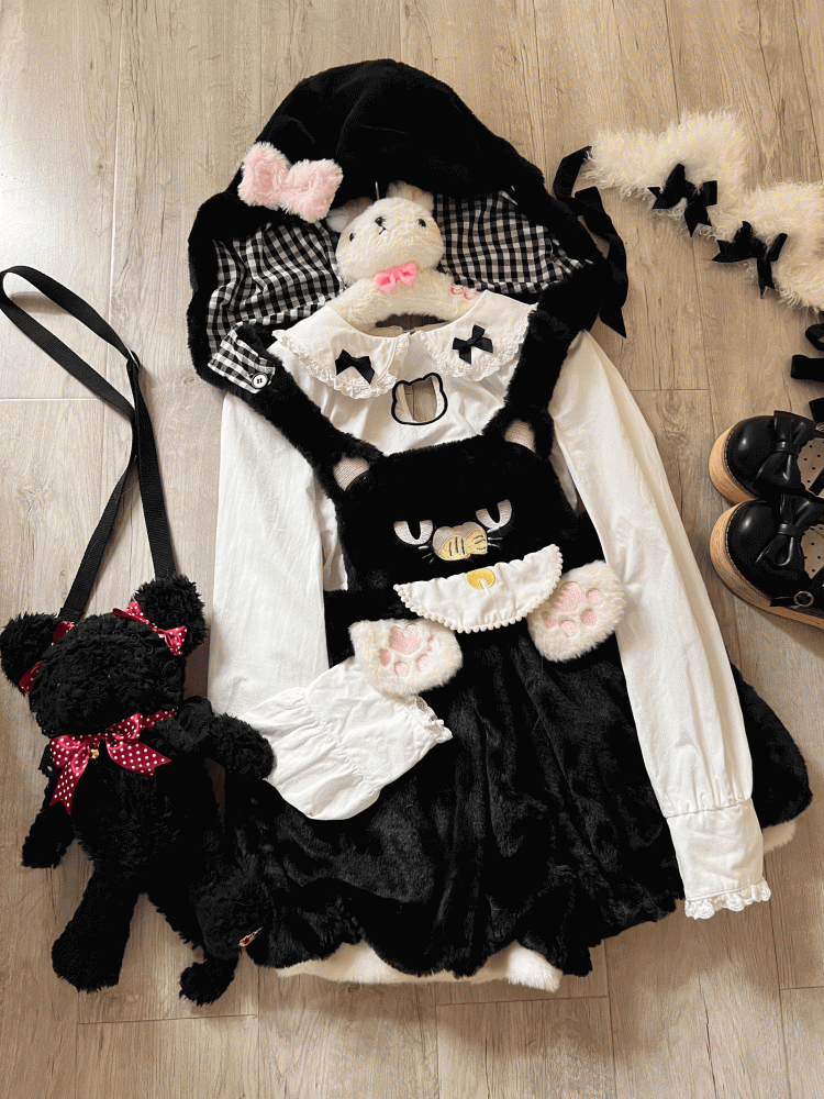 Detachable with Plush Paw Kawaii Soft Hood Cat-Ear Cat Embroidery Bloomer Shorts Overall Black