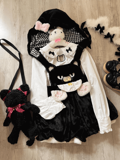 Detachable with Plush Paw Kawaii Soft Hood Cat-Ear Cat Embroidery Bloomer Shorts Overall Black
