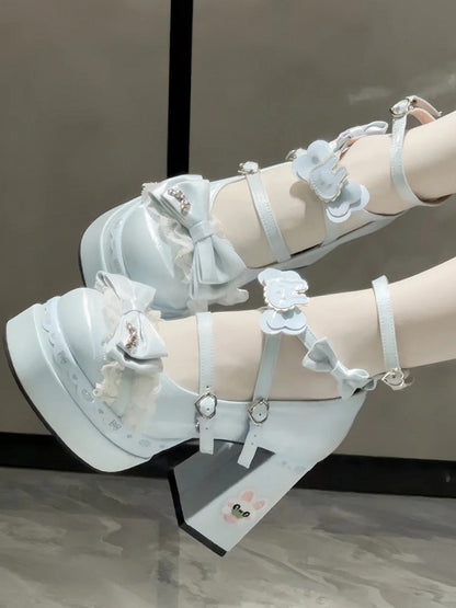 Block in Decor Platform with Sweet Satin Heels Bow Blue High