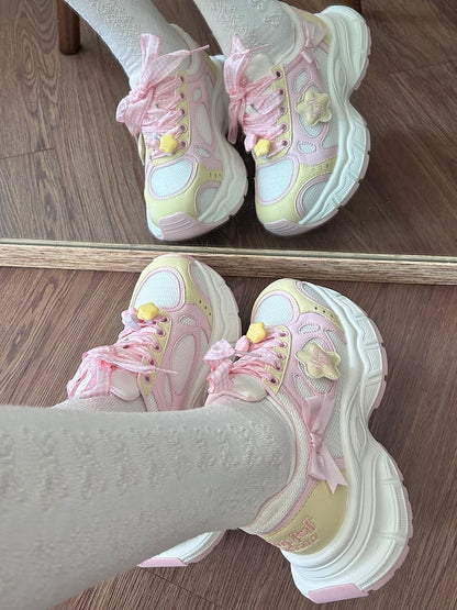 in Platform Pink Lolita Design Bow Plaid Lace-up Star Sweet Details Sneakers Yellow And