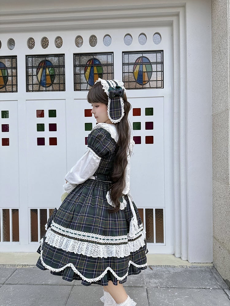 und Kleid karierte Puffärmel mit Akzenten Lolita-Schleife gewellter Rand süßes Grün