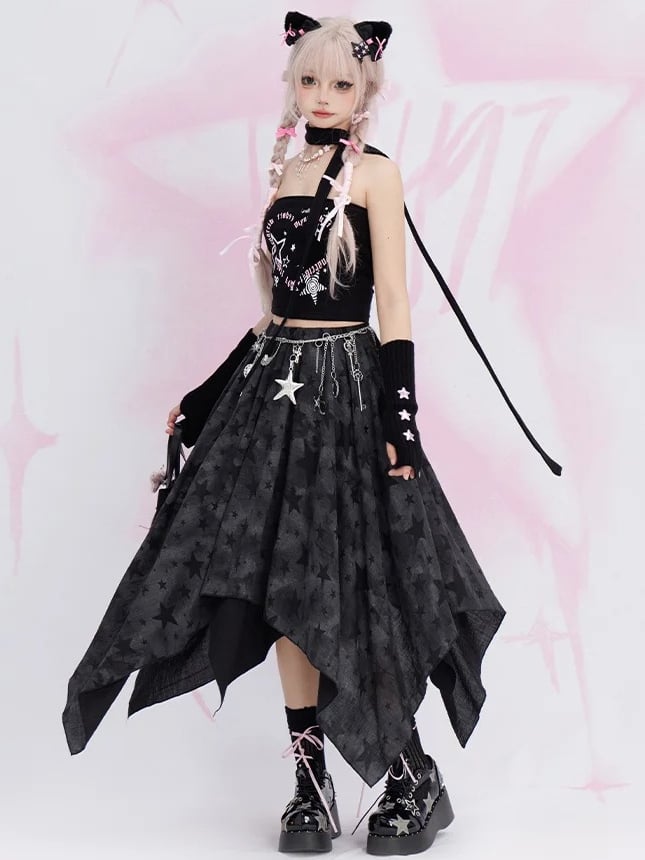 Black/White Stars Print Strapless Top with Free Scarf