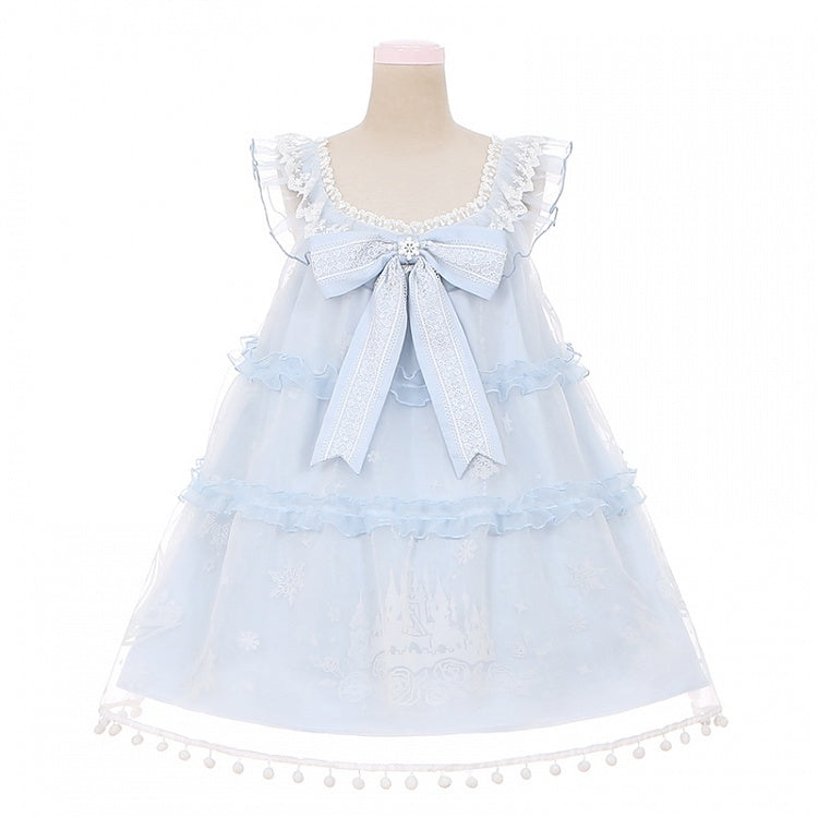 ライトブルーのスノームーンキャッスルオーバーレイポンポントリムドレススイートロリータジャンパースカート