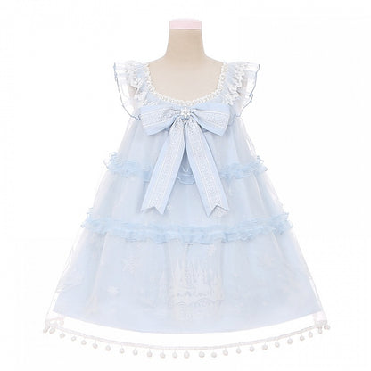 ライトブルーのスノームーンキャッスルオーバーレイポンポントリムドレススイートロリータジャンパースカート