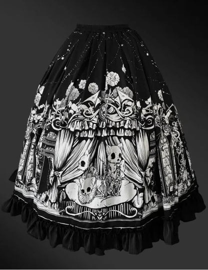 Sizes Cat Dark Plus Skeleton Black Lolita Available Skirt Print Gothic