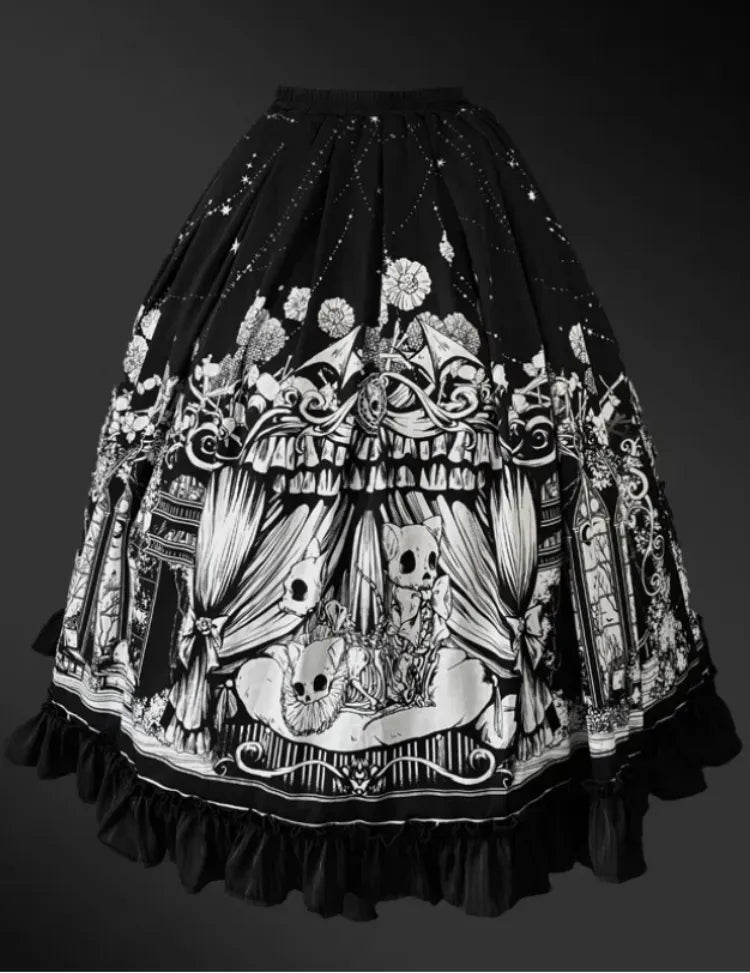 ブラックゴシックプリントダークスケルトンロリータ猫プラススカートサイズあり