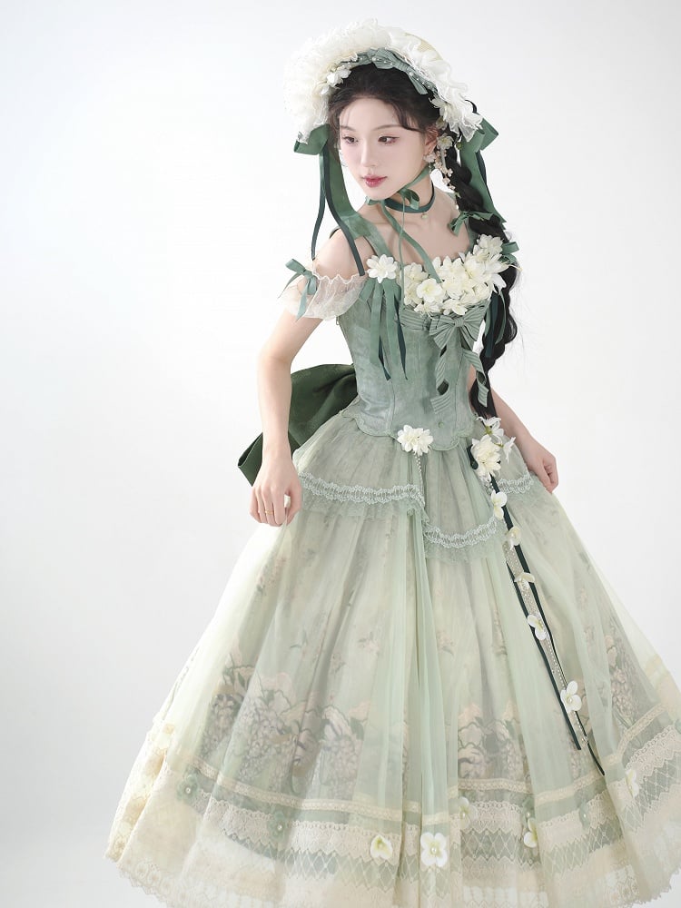 Dekoration Set Jasmin Print Top Grün Rock Lolita Korsett Klassische Lange Floral +