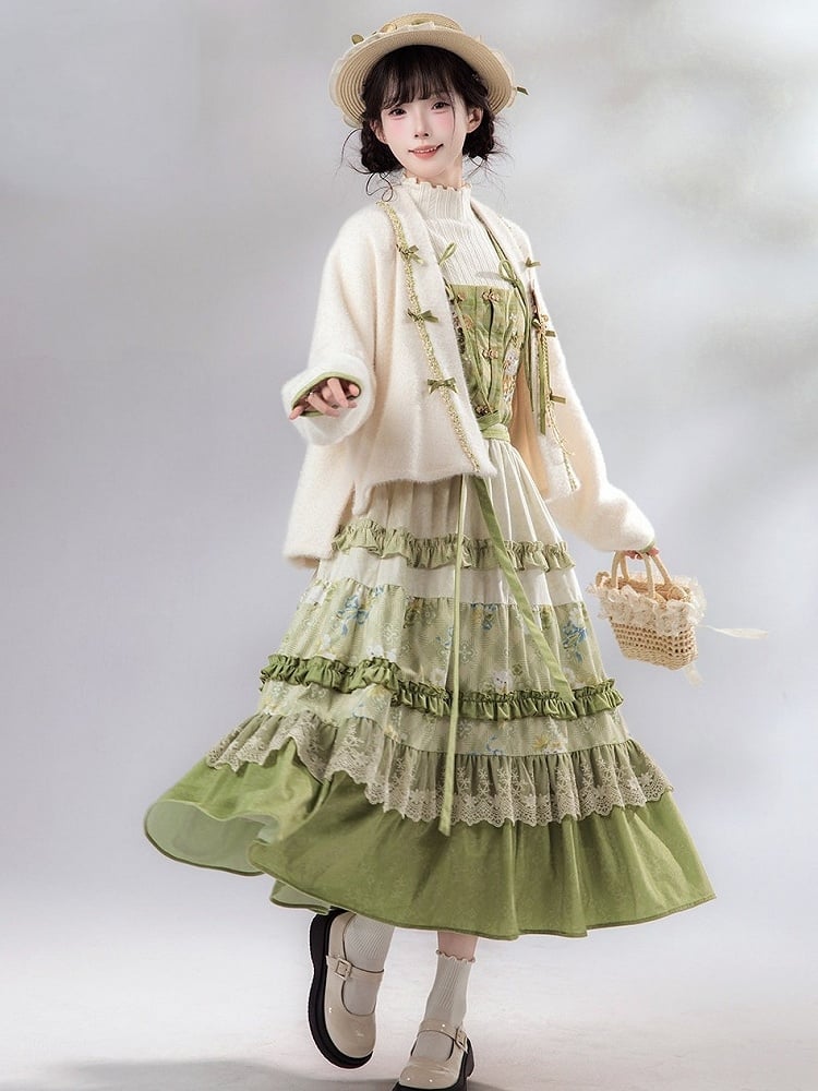 Green Chinese-Inspired Printed Layered Trim Elastic Waist Skirt - Luo Xiu Dong Xiang