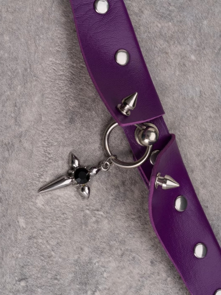 Gothic Cross Decorated Rhinestone Choker Details Purple Studs Pendant