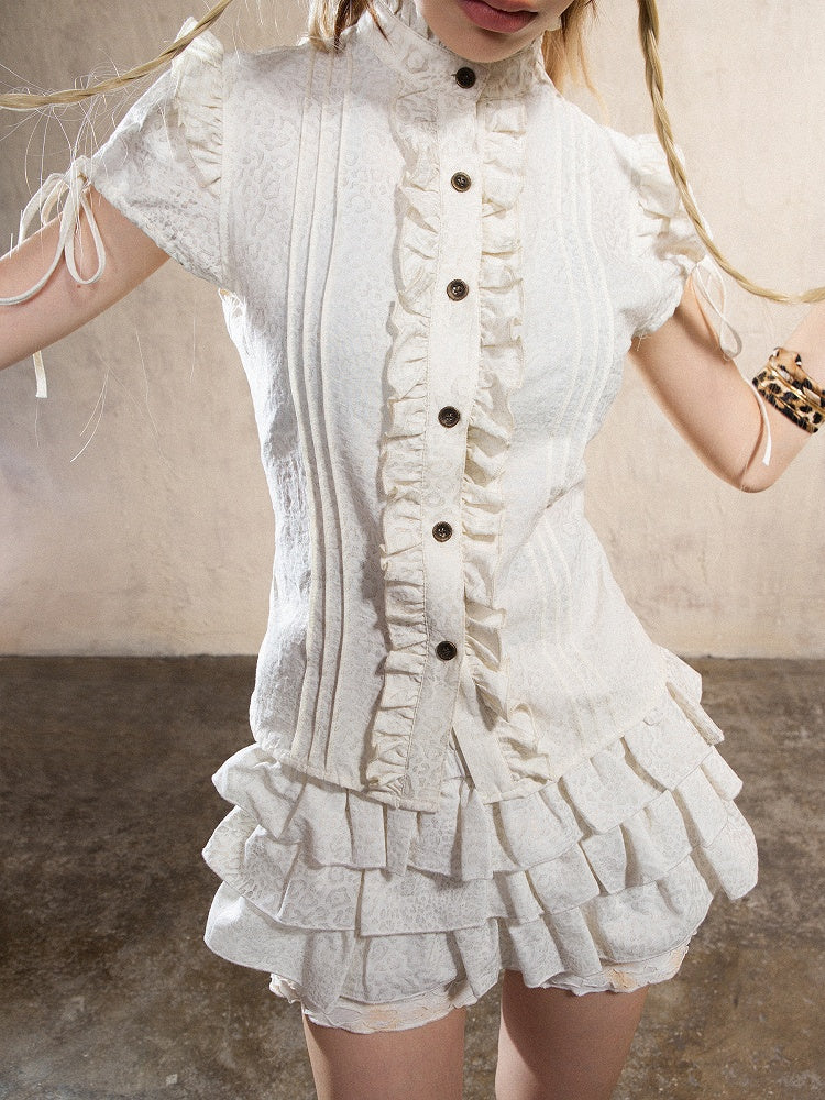 Print Crisscross Trim Short Punk Fashion White Top with Y2K Back Sleeve Puff Gyaru Leopard Ruffle Tie
