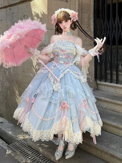 Blaue Basken-Taille mit floralen Schleifenknoten, Hanayome Lolita OP / Komplettset