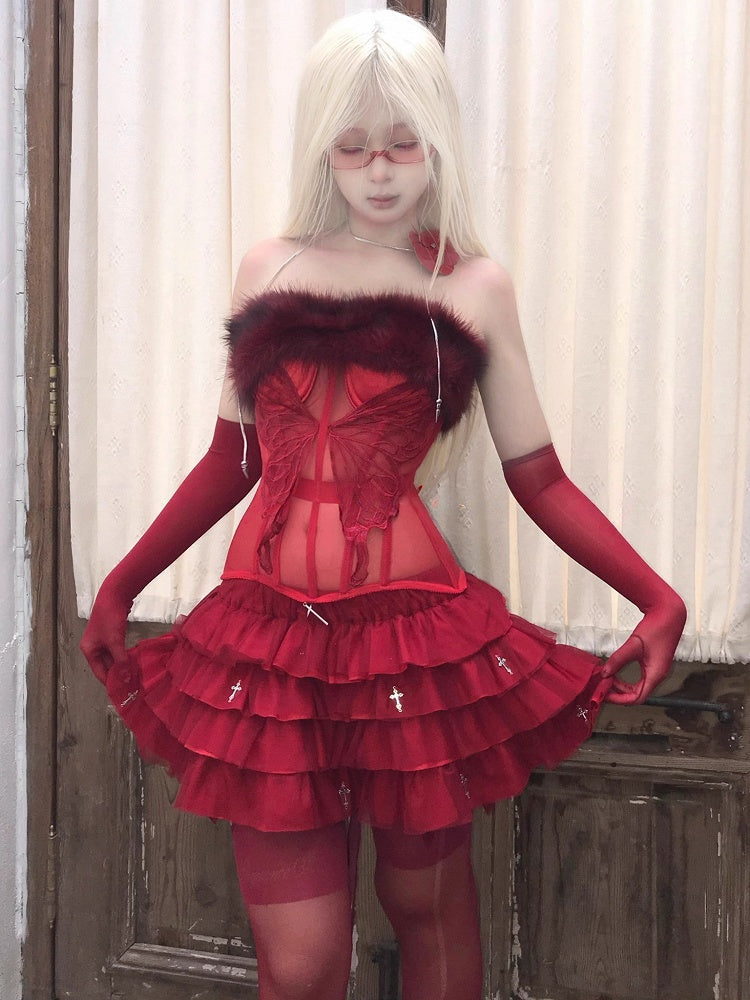 Gothic Red Cross Charms Tiered Tulle Skirt with Built-in Shorts