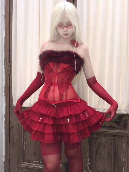 Gothic Red Cross Charms Tiered Tulle Skirt with Built-in Shorts