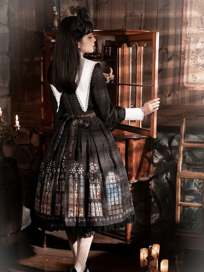 Long Version White Black with Sleeves Dress Lolita Church Gothic Collar Stained Detachable Window