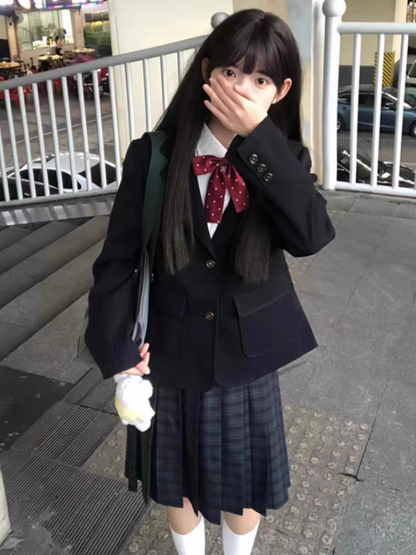 Style Cuffs Decorated Design Preppy JK Uniform Badge Button Dark Blazer Blue