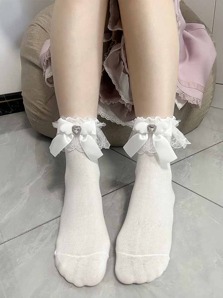 Kei Decoration Jirai Wing-Inspired with Ruffled Bow Socks Colors Rhinestone 4