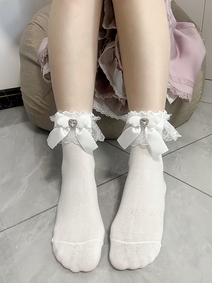 Kei Decoration Jirai Wing-Inspired with Ruffled Bow Socks Colors Rhinestone 4