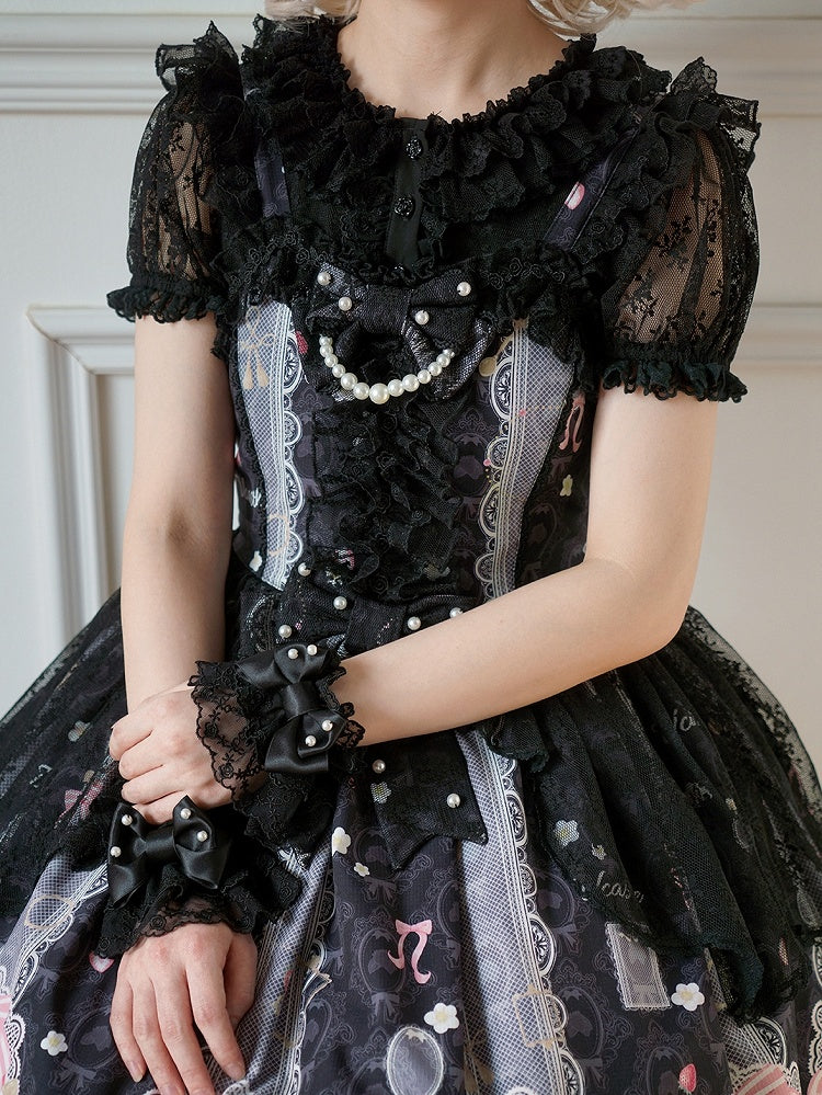 レイヤーカラーチュールロリータショートブラックスリーブブラウスダブル