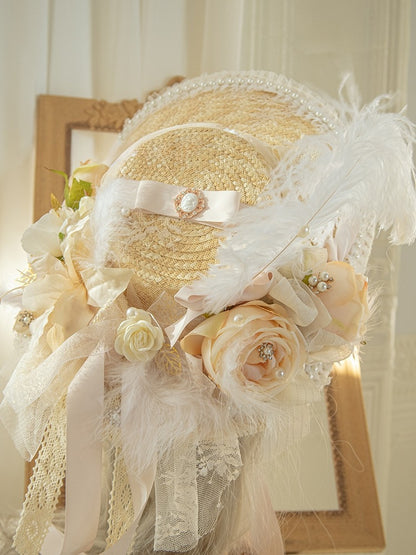 Design Floral Feather Beaded And Straw Hat Decorated Beige