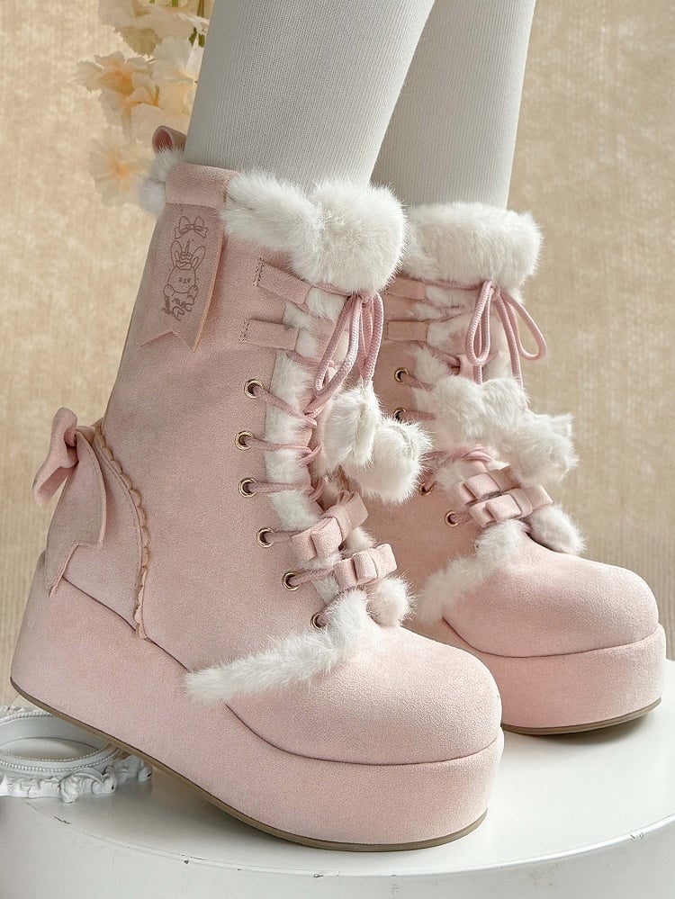 Sweet Lolita Platform Boots Pink Star Heart Bow 4cm Heel