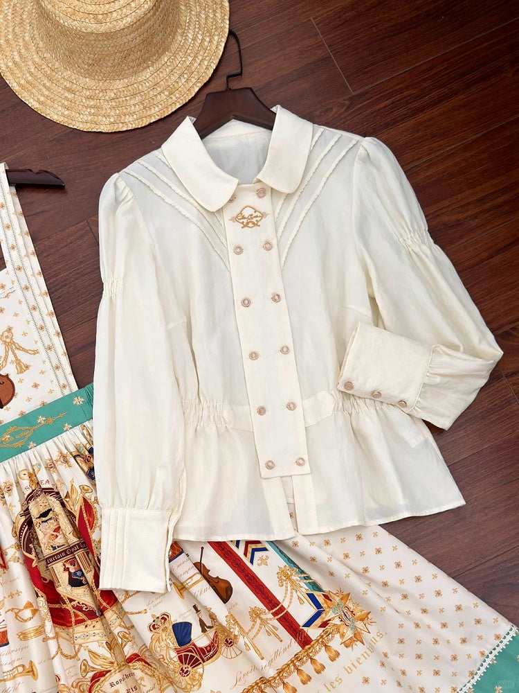 White Long Sleeve Smocked Waist Elegant Lolita Blouse - Crucis Universal Tailor Company