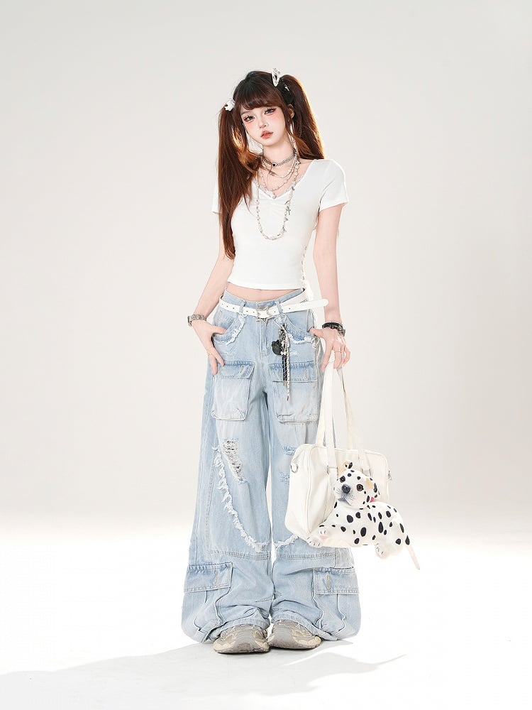 Slim-fitting V-neck Lace Trim Lace-up White/Black T-shirt Side