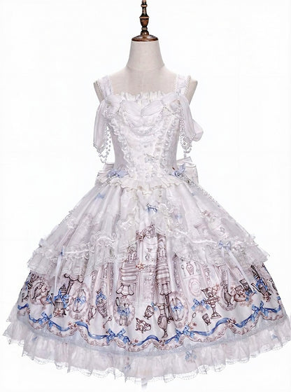 White & Blue Antique Print Elegant Lolita JSK Dress - Meng Fu Zi