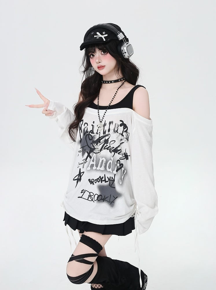 Star Y2K Print Offene Schulter Schwarz/Weiß Top Faux Zweiteiler