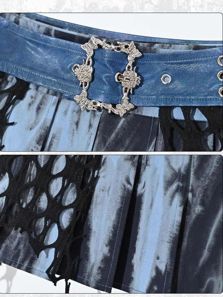 Grunge Punk Rock Fee Blau Asymmetrischer Saum Tie Dye Faltenrock mit Gratis Kettengürtel