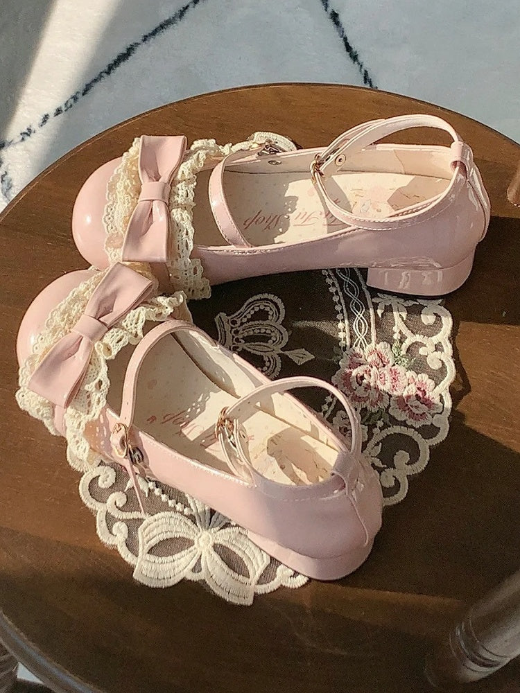 Round Trim Bow Lace Sweet Top Low Heels Pink at Toe with