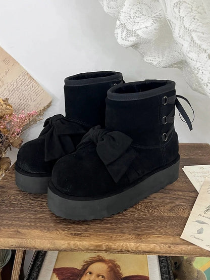 2.5cm Platform Sole Black Winter Boots for Lolita - Decorative Front Bow & Adjustable Back Lacing