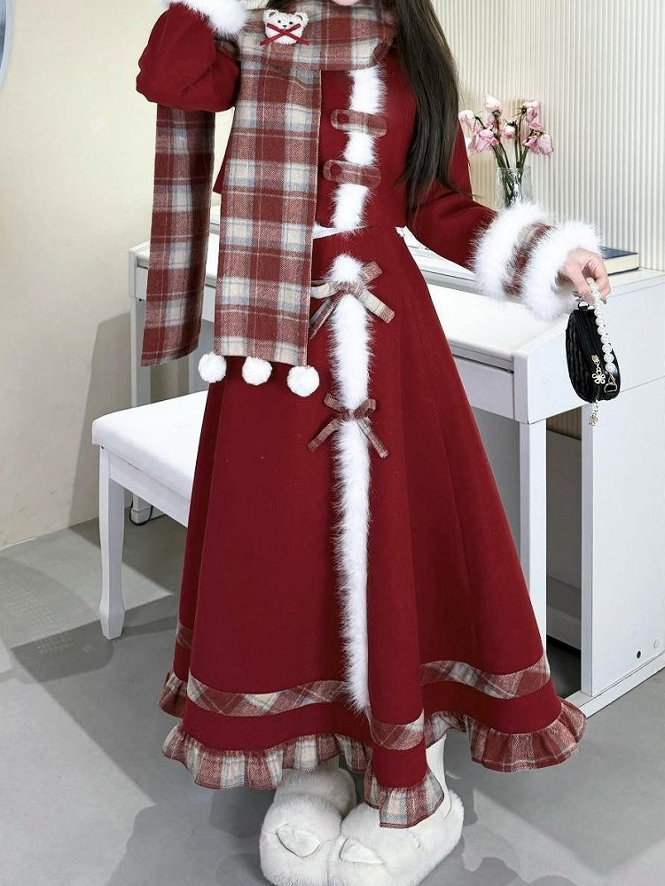 Elegant Plaid Classic + Lolita Skirt Hem Trim Fur Ruffle Scarf Faux Top Set Red