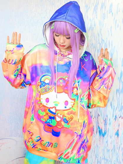 Hoodie mit Buchstaben- und Y2K-Kätzchen-Print Orange Fire