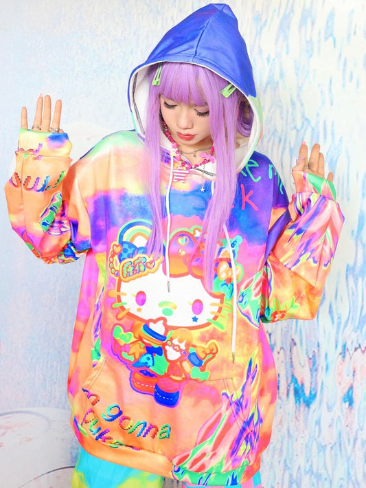 Letter And Y2K Kitty Print Hoodie Orange Fire