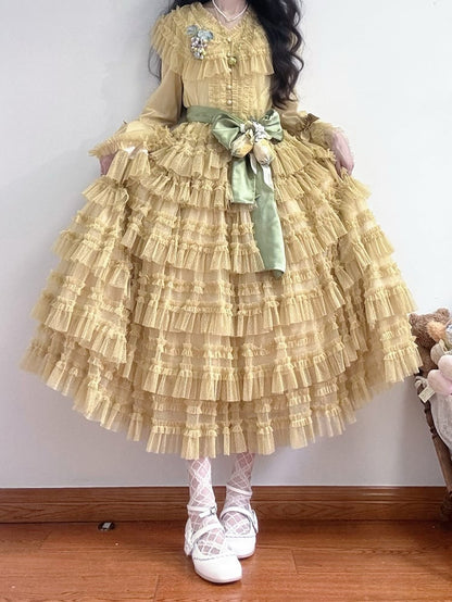 Blouse Sleeves Elegant - Bell Dotted Vest Mesh Waist Multi-layered Classic Yellow Tulle Cotton Set Belt + Lolita Skirt