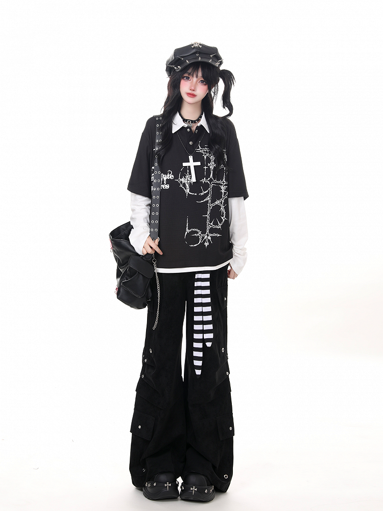 Two-Piece Top Cross Long Sleeve Black Punk Print Faux with