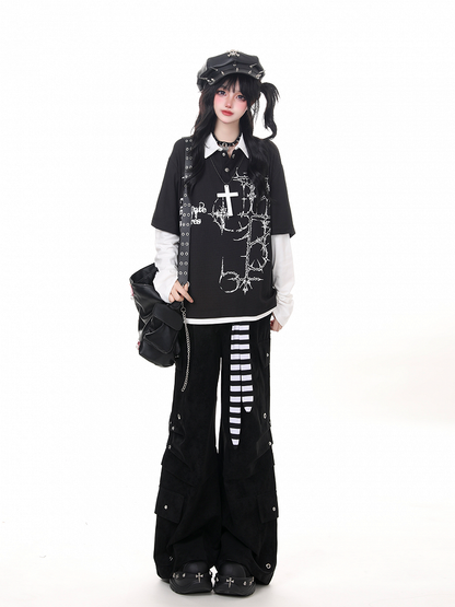 Two-Piece Top Cross Long Sleeve Black Punk Print Faux with