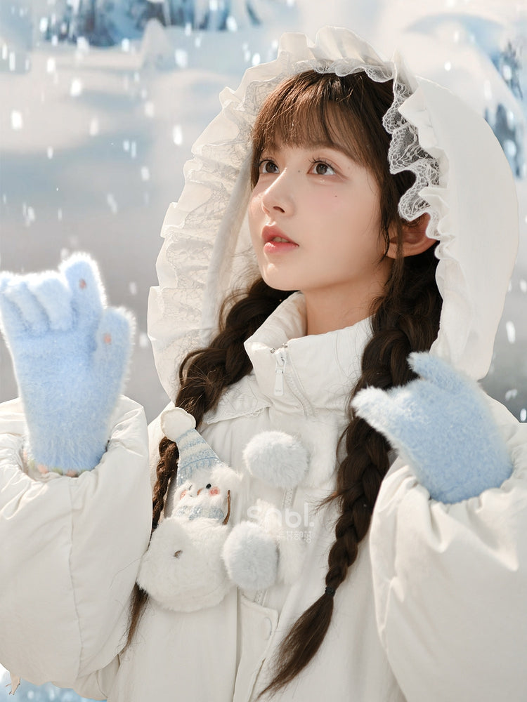 Cute Snowman Adorned White Hooded Puffer Down Jacket Bubble Silhouette