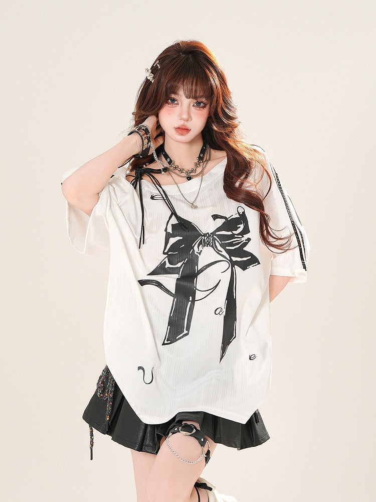 Black/White Asymmetrical Neckline Big Bow Print Loose T-shirt
