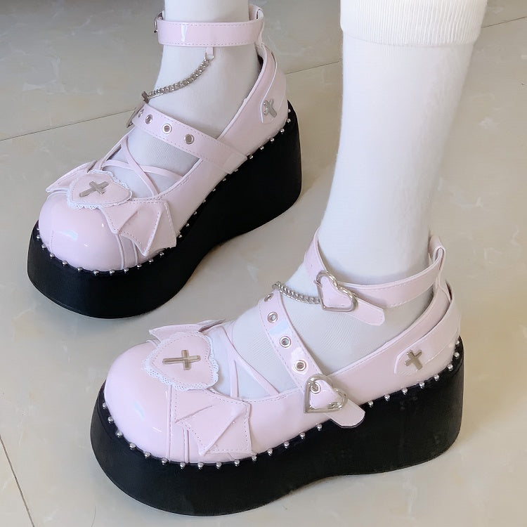 PU Patch Accents Shoes Wing Pink Cross Top Platform Heart Details
