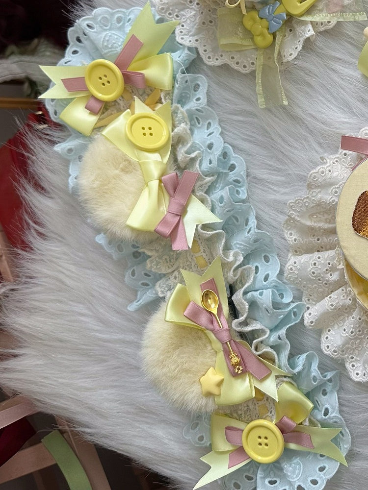 Ear Button Lolita Fluffy Lace Blue/Pink Bear Sweet With Hairband