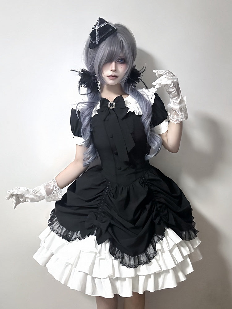 and Asymmetrical Dress Black Lolita Peter Pan White Skirt Tiered Gothic Sleeves Collar Short