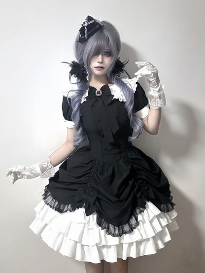 and Asymmetrical Dress Black Lolita Peter Pan White Skirt Tiered Gothic Sleeves Collar Short