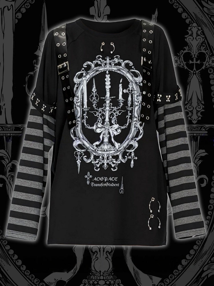 Leather Straps Black Long-Sleeve Punk Decorated Kei Top Gray Candle Printed Striped Jirai